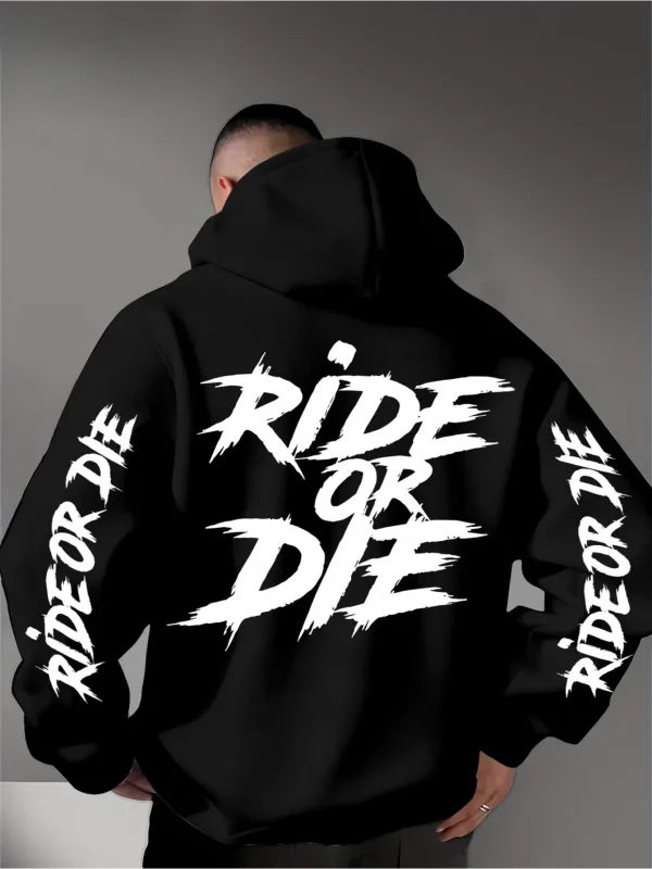 Men's Ride Or Die Hoodie Biker Motorcycle Graphic Back Sleeve Print Oversized Pullover Sweatshirt Streetwear Autumn Winter