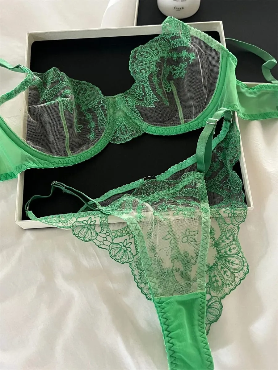 Sexy Lace Push Up Bra Set Transparent Triangle Cup & Romantic Green Lace Underwear for Women — image 2