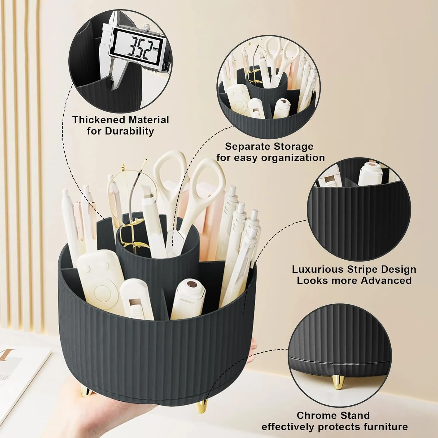 Makeup Brush Holder Organizer 5 Slot 360° Rotating Makeup Brushes Desktop Storage Organizers for Vanity Desktop Bathroom Office — image 3