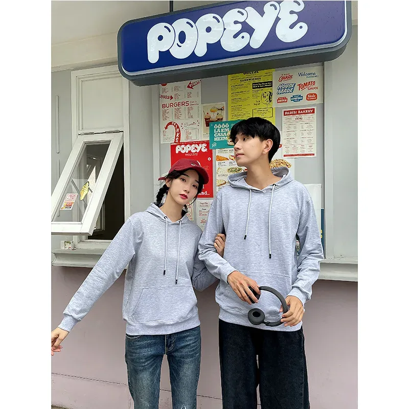 new mens solid grey Hoodies Autumn Long Sleeve Pullover Tops Casual Pocket Hoodies Unisex Outer Loose Sport Wear — image 4