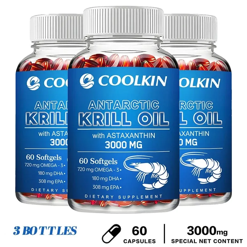 Minyak Krill Antartika 3000mg - Omega-3 EPA DHA Astaxanthin Alami Kekuatan Maksimum untuk Kesehatan Jantung & Sendi