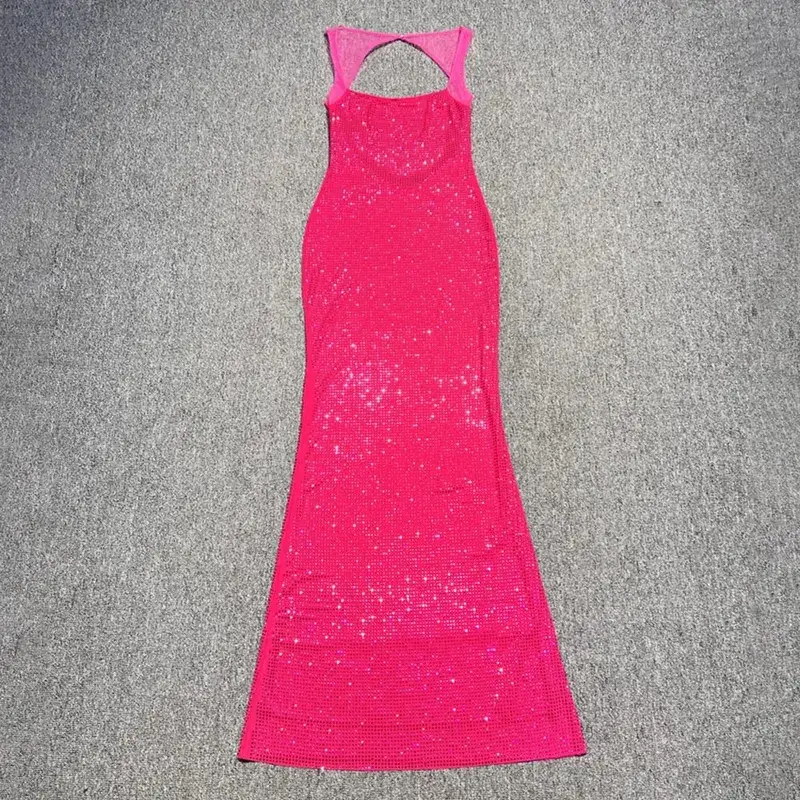 Multi Colours Backless Shiny Rhinestones Mesh Patchwork Long Dress For Women Slim Bodycon Evening Party Cocktail Gowns