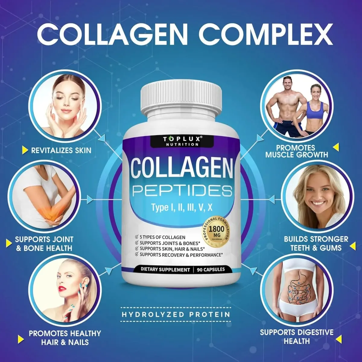 Cápsulas de múltiplos peptídeos de colágeno 1800 mg - pílulas de complexo de colágeno de proteína hidrolisada promovem articulações da pele e do cabelo para homens e mulheres