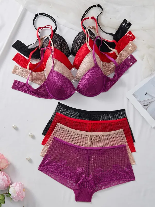 4 adet kadın iç çamaşırı seti seksi çiçek dantel Push Up sütyen şeffaf nefes külot şık rahat seksi iç çamaşırı