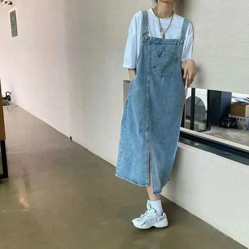 Spring Summer Denim Overall Dress Women Sleeveless Jeans Dresses Fashion Female Solid Slip Casual Loose Spaghetti Strap Dresses
