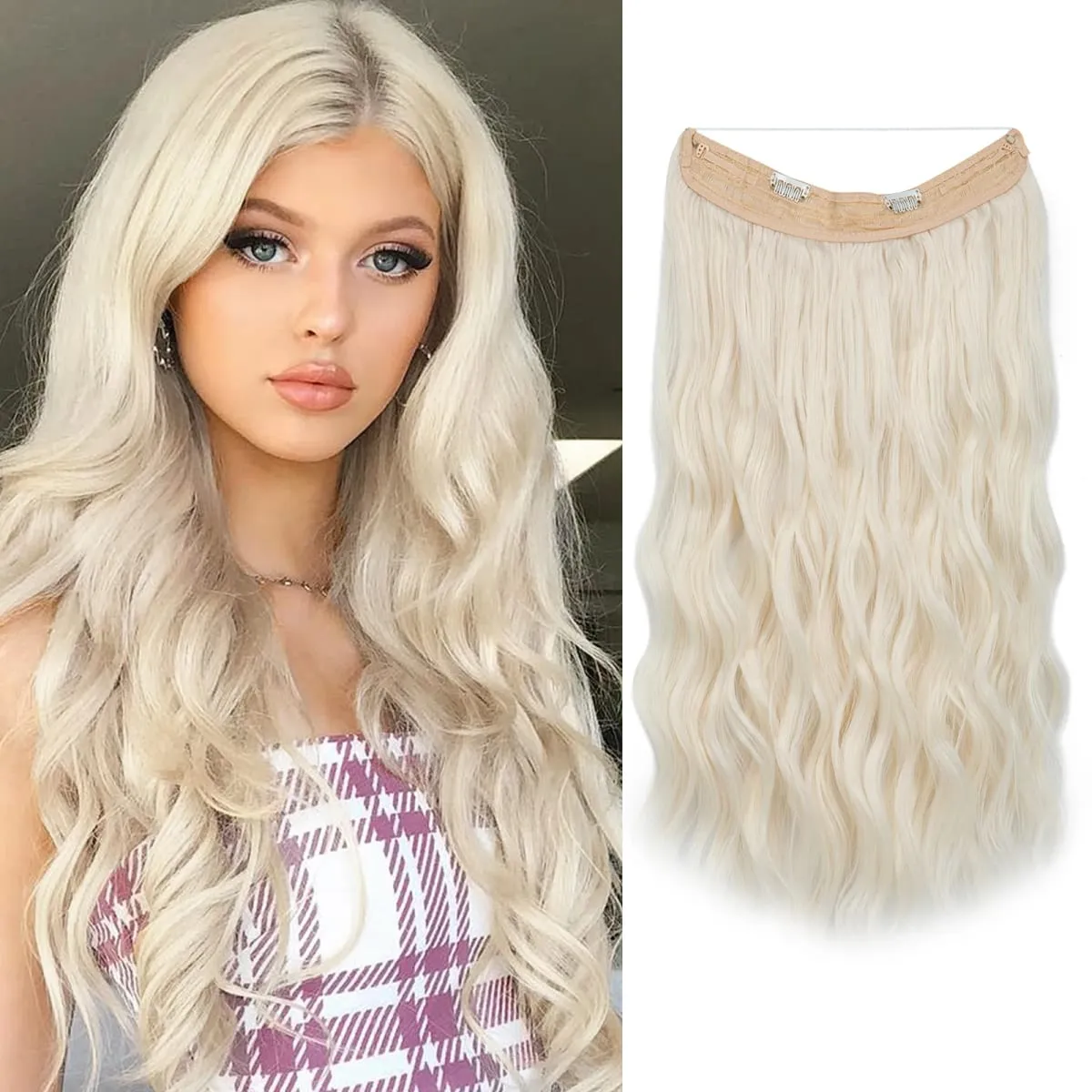 Synthetic Wave Invisible Wire With Clips Hair Extensions Fish Line Natural Blonde Clip In Hairpiece Fake Hair Piece