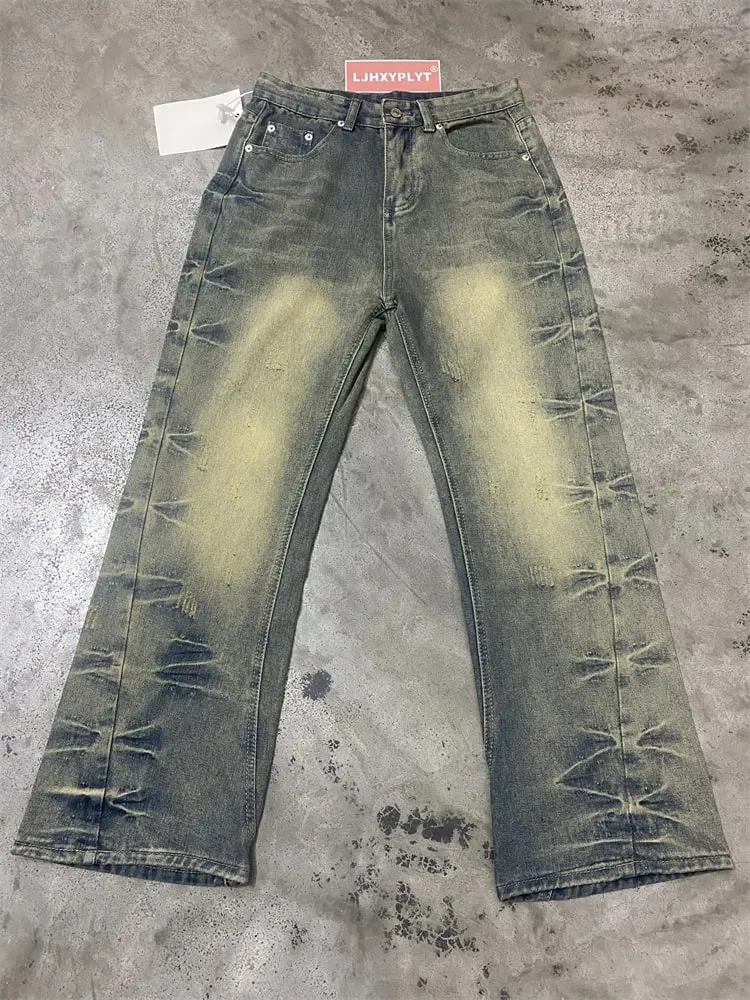 Men's Side Crease Design Straight Jeans Spring Street Sweatpants Boys Trousers Male High Waist Wide-leg Denim Pants
