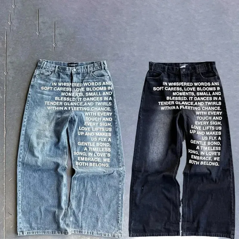 American Retro Patterned Alphabet Men Jeans Personalized Street Clothing Y2K Goth Men and Women Fashion Casual Pants