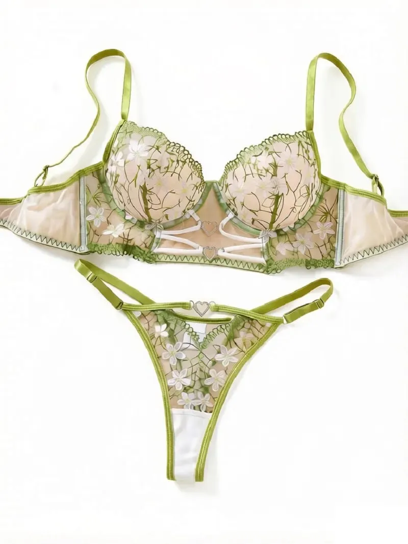 A4 Květinová krajka Sada spodního prádla Dámská Kostice Podprsenka a tanga Sada Srdce Štrasový kamínky Průsvitná síťovina Sexy francouzské spodní prádlo Intimní oblečení na spaní