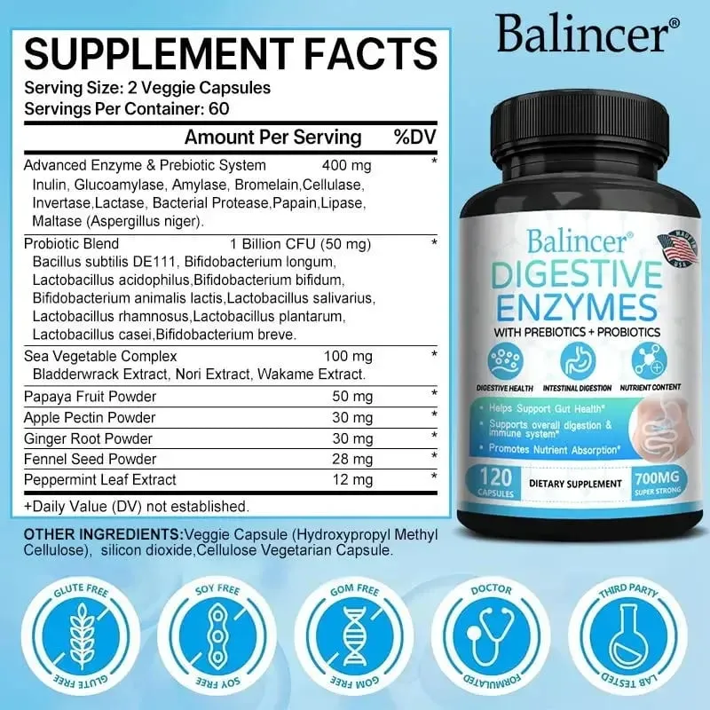 Digestive Enzyme with Prebiotic + Probiotic Supplement - Nutritional Digestive Health and Immune Support for Adult Men and Women