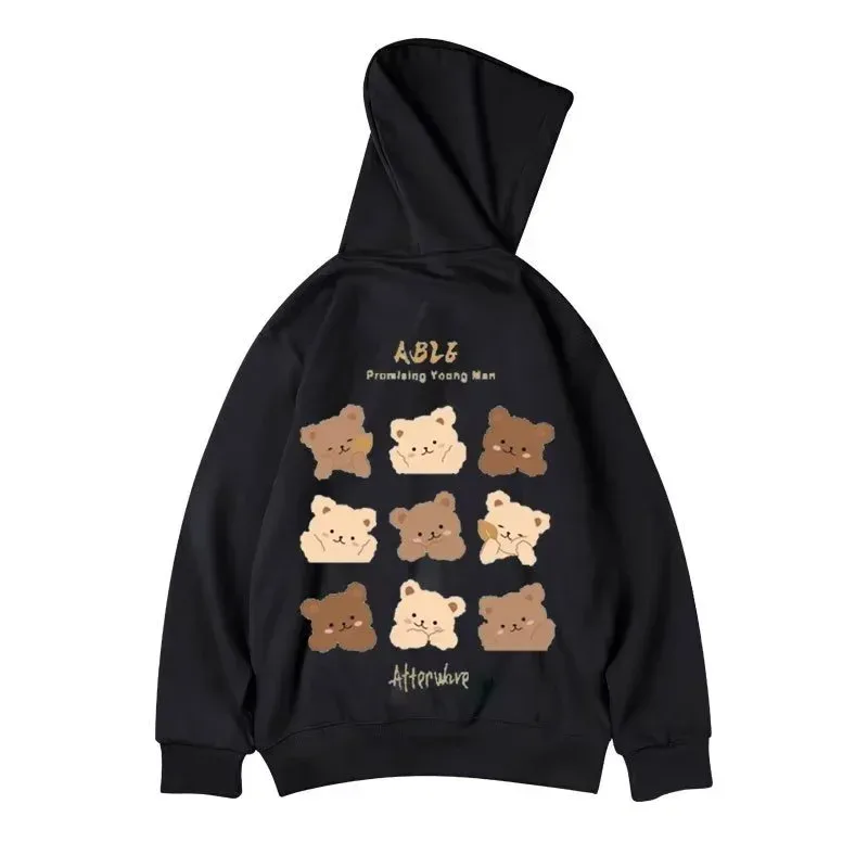M-8XL American Style Street Brown Cute Bear Print Oversized Hoodie Couple Hoodie Malaking Soft Velvet Hooded Sweater ng Estudyante
