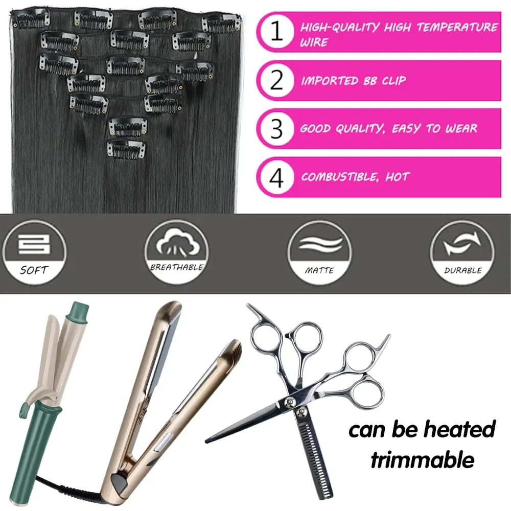 Synthetic 7Pcs/Set 22" Wavy Hairpiece Straight 16 Clips Hair Extensions Heat Resistant Styling False Hair