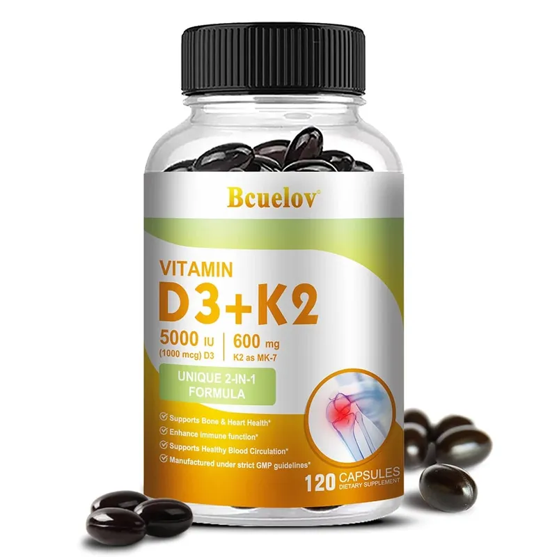 Bcuelov Vitamin D3+K2 5000 IU Vitamin D3 non-GMO formula easy-to-swallow vitamin D and K complex dietary supplement