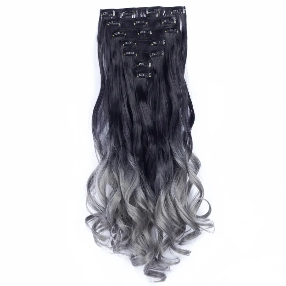 Clip in Long Wavy Synthetic Hair Extension 22 Inch Black 7PCS Thick Hairpieces Fiber Double Weft Hair for Women
