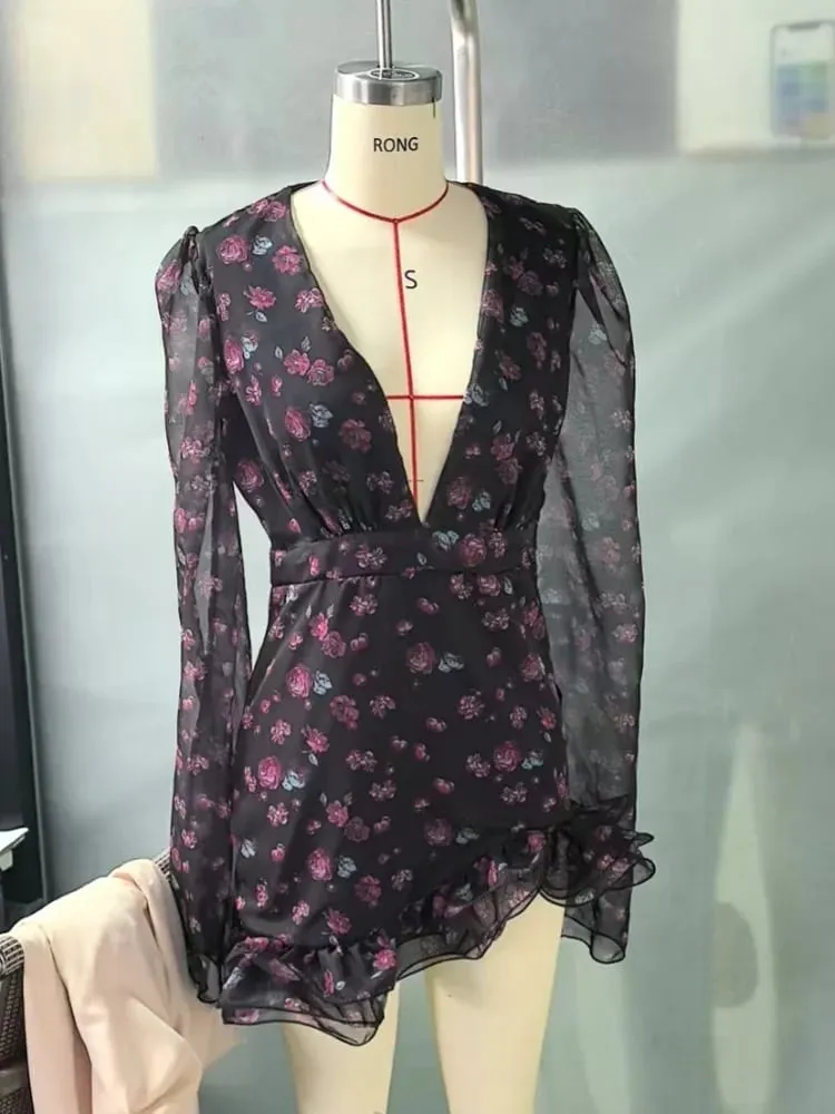 ผู้หญิง Flora ทาสี Ruffle ชุดมินิ Elegant แขนยาวลึก V คอ Slim A-Line Vestidos 2026 New Lady Holiday Street ชุด — image 7