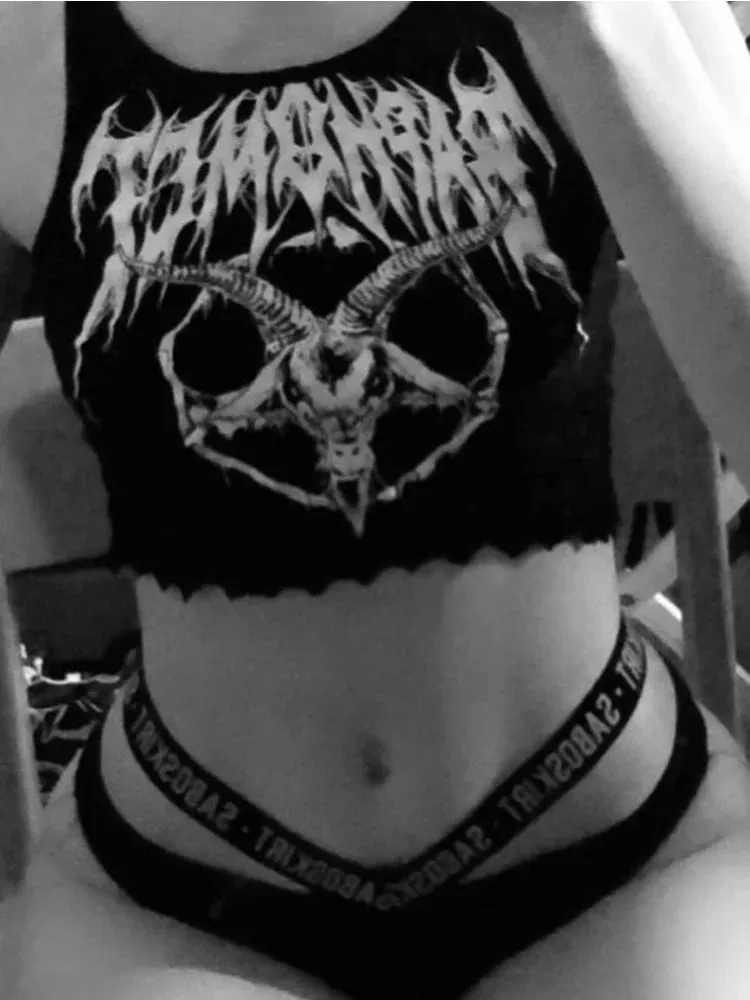 Gothic Knitted Punk Black Tank Tops Mall Goth Grunge Goat Print Harajuku Women Crop Tops Skinny Sleeveless Streetwear — image 2