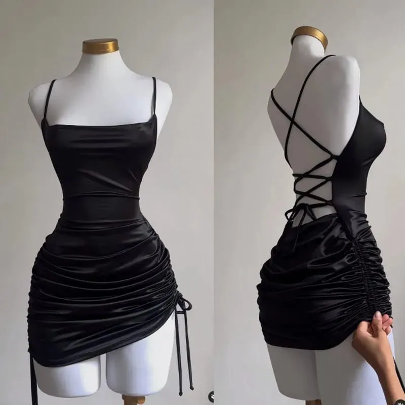 Sexy Sleeveless Backless Bodycon Mini Dress Women Summer Satin Lace Up Party Club Dresses Streetwear Evening Black Y2K 2025 Robe — image 2