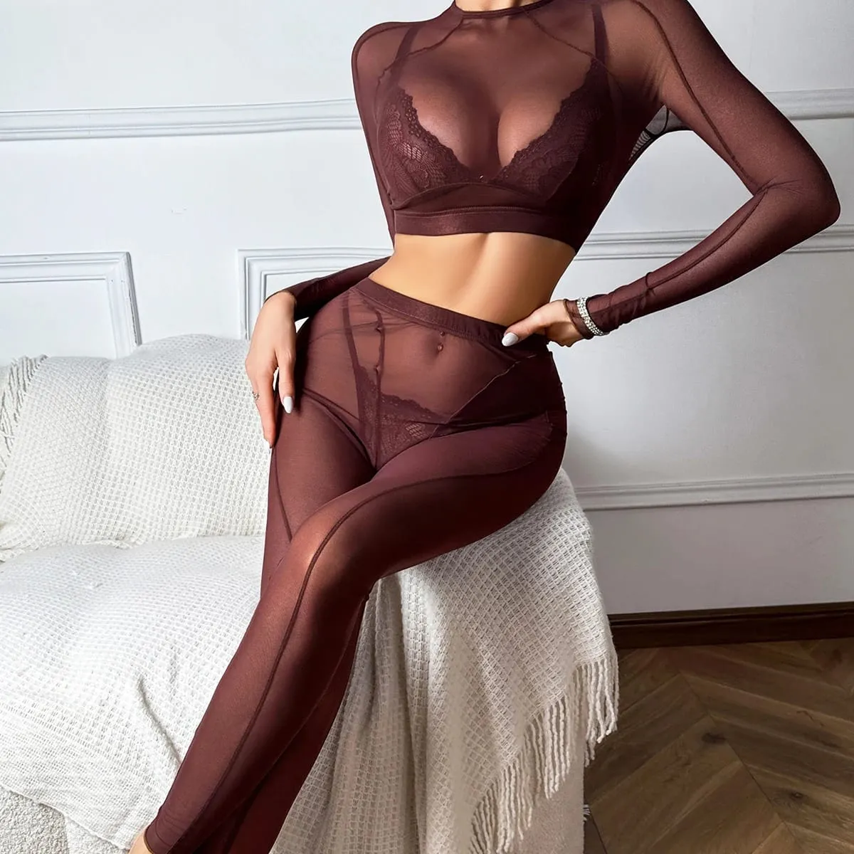 Comfortable backless long sleeved transparent mesh shaping sexy lace triangle cup lingerie split set