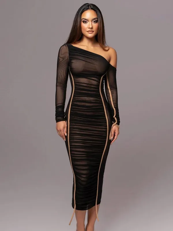 Hugcitar Mesh Pevný Diagonální límec Dlouhý rukáv Přehozený Sexy průsvitné bodycon Maxi šaty Letní móda Oblečení Festival Club