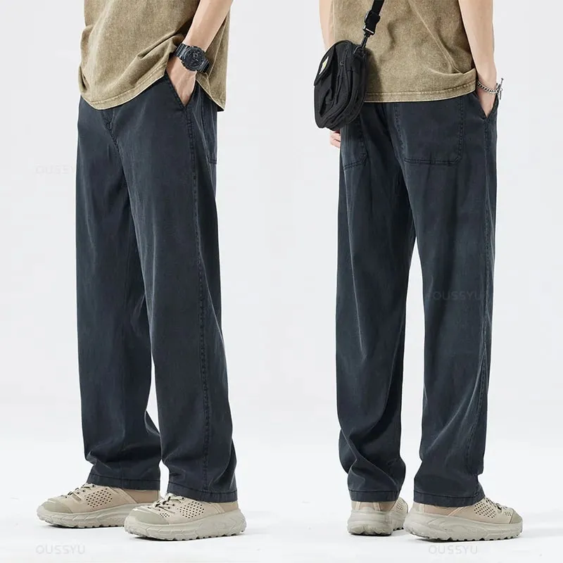 Summer Soft Lyocell Fabric Men's Jeans Thin Loose Straight Pants Drawstring Elastic Waist Korea Casual Trousers Plus Size M-5XL — image 16