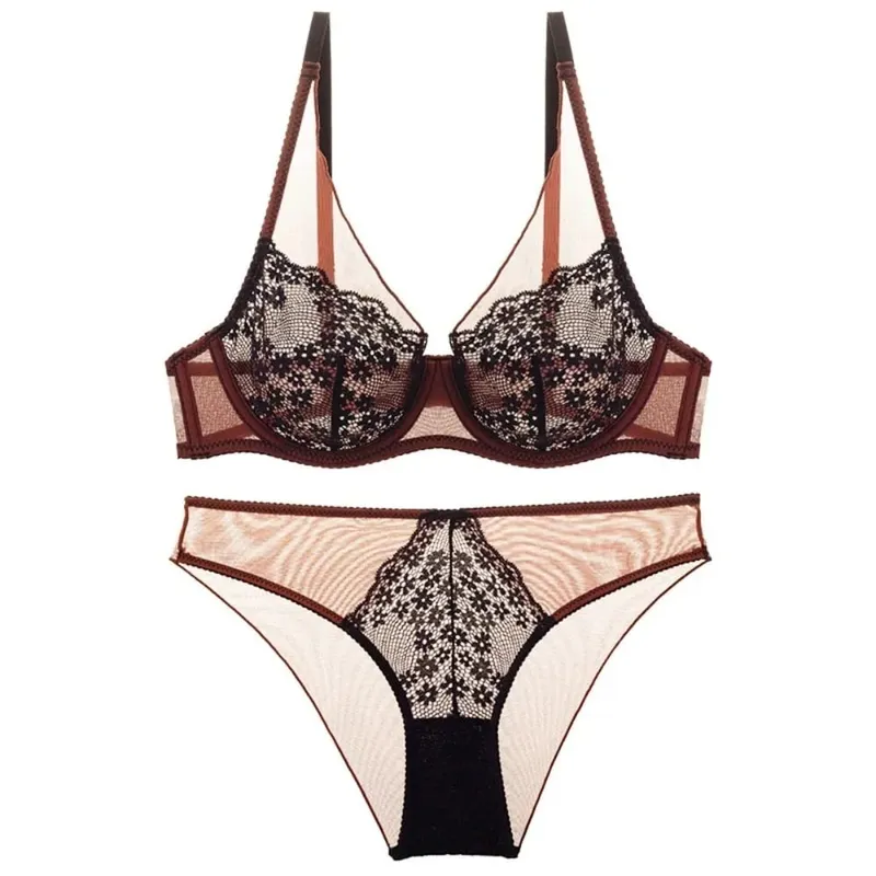 French Vintage Mesh Lace Flower Bra Set Lingerie Brassiere Mesh Bra Panties Kit Thin Underwear Push Up Bra Women Girl