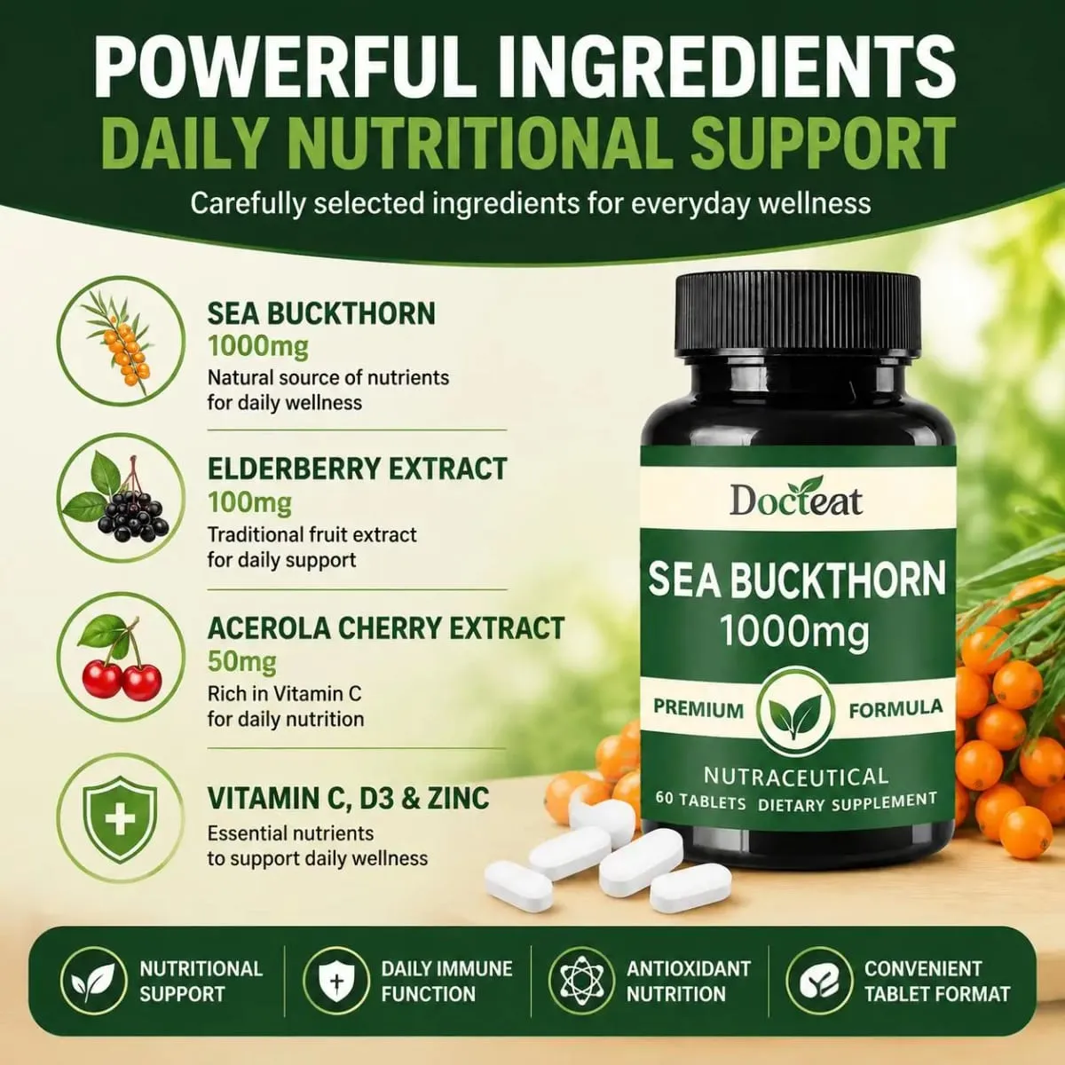 Docteat Sea Buckthorn 1000mg Tablets Daily Immune Function Support Antioxidant Nutrition Vitamin C Zinc Vitamin D3 60 Tablets