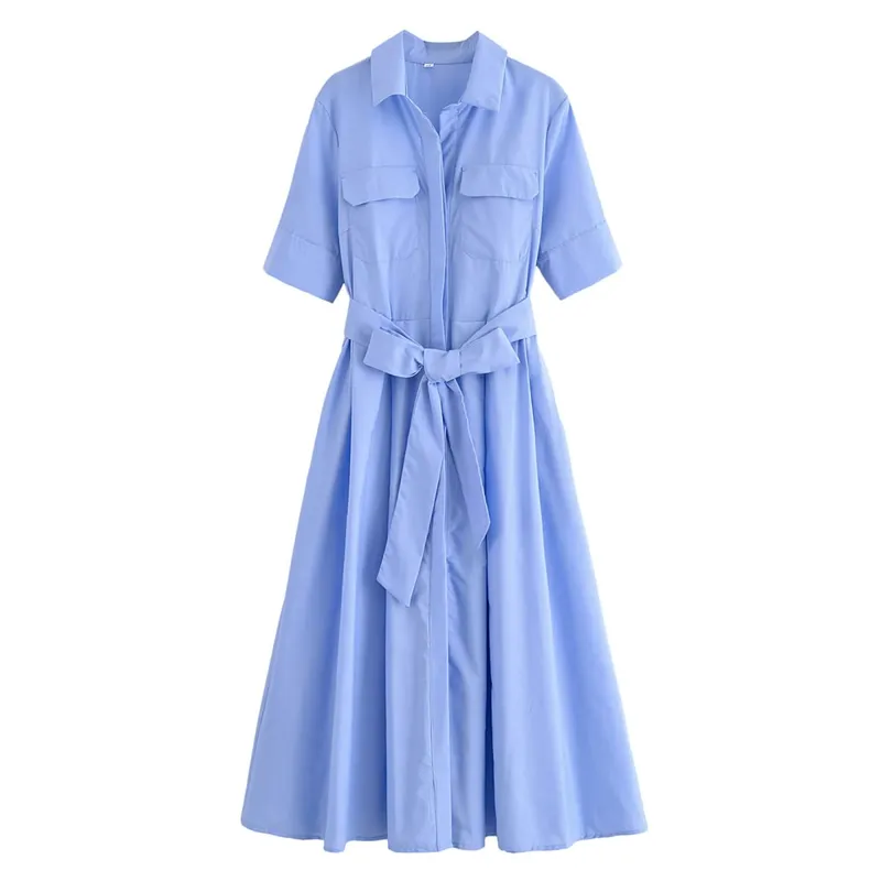 HH Women Summer Lapel Short Sleeve Pocket Single-Breasted Belt Decorate Midi Dress Female Fashion Shirt Style Pleated Dress