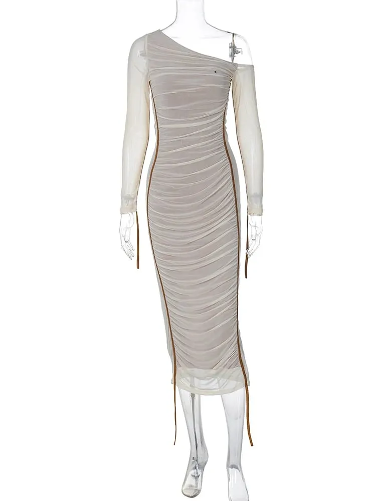 Hugcitar Mesh Pevný Diagonální límec Dlouhý rukáv Přehozený Sexy průsvitné bodycon Maxi šaty Letní móda Oblečení Festival Club