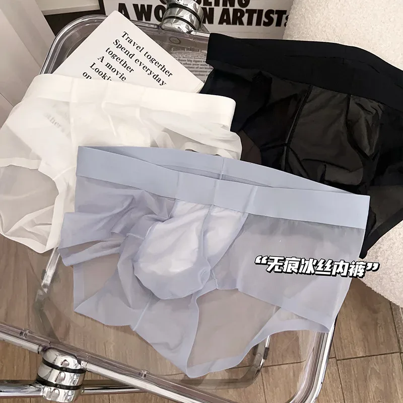 투명 남자 팬티 초박형 얼음 실크 빠른 건조 팬티 섹시한 U 벌지 주머니 남자 속옷 통기성 속옷 Cuecas