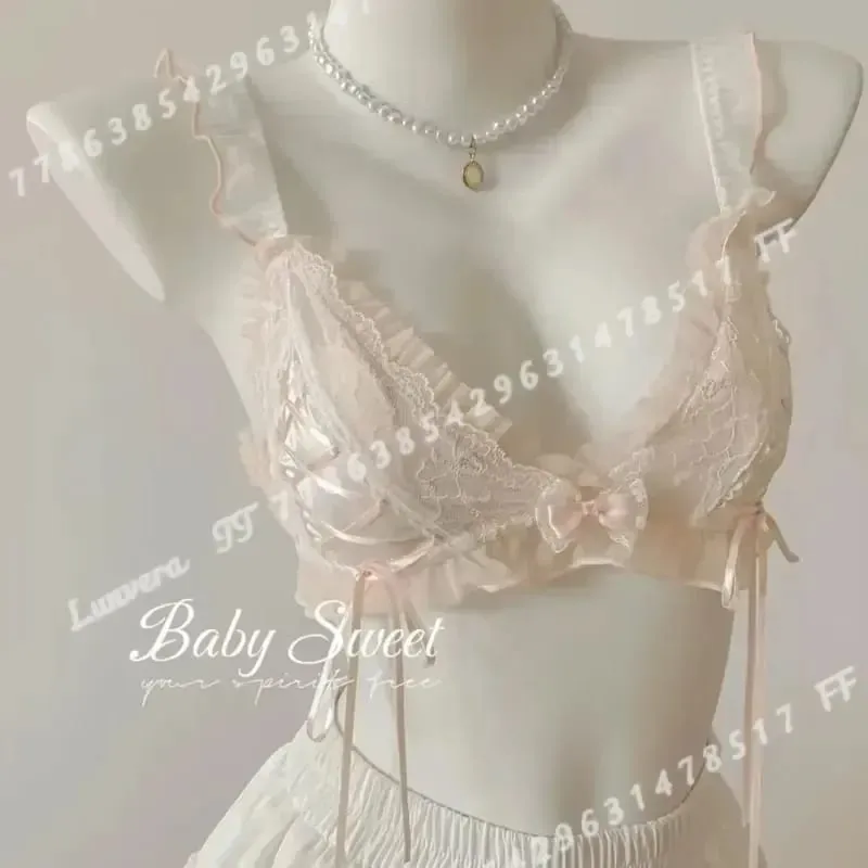 Lolita Style Thin Lace Triangle Cup Bra Set for Women Cute Small Bust Sexy Lingerie Underwear