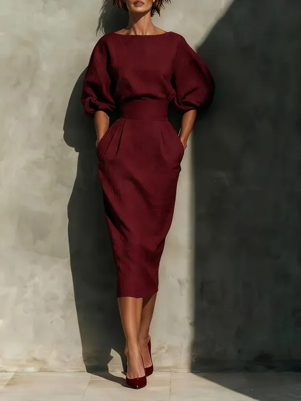 A-lien – robe de soirée élégante, couleur unie, décontractée, col rond, manches lanternes, poches, tempérament, taille haute, plissée, portefeuille aux hanches
