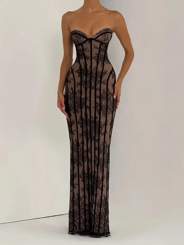 Women Gauze Fishbone Strapless Dress Chic Backless Off-shoulder Waist Cinching Slim Maxi Vestidos 2026 Lady Evening Party Gowns