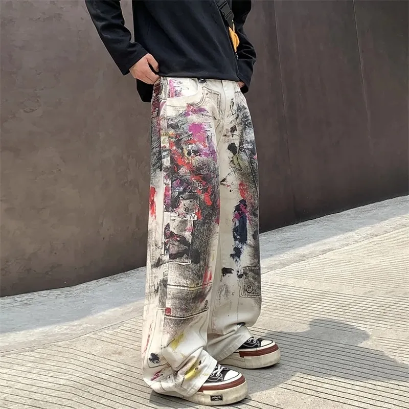 Edgy Men's Splatter Paint Jeans Black White Print Wide Leg Baggy Fit Distressed Streetwear Premium Denim Pants 9X2984 — image 6