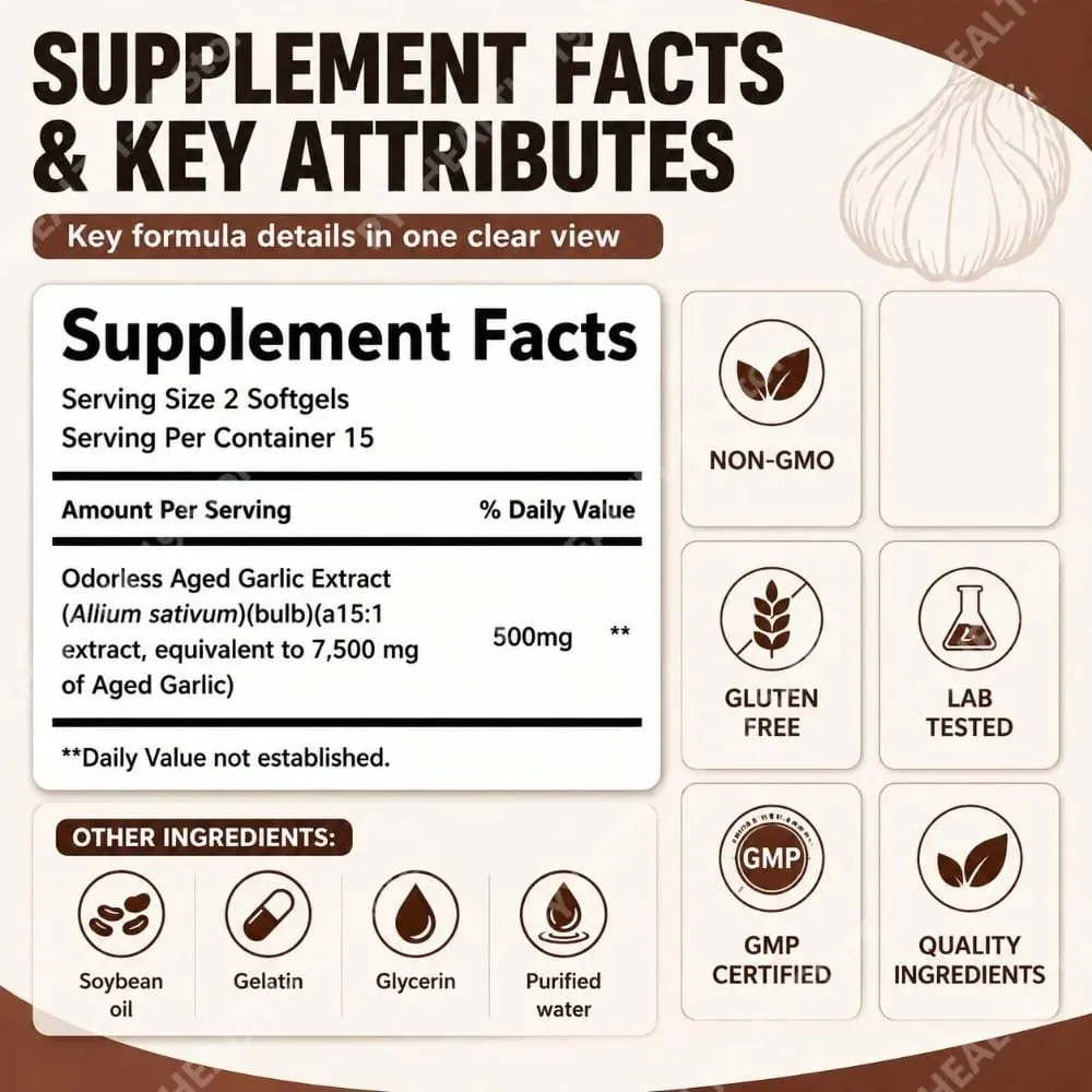 Chiết xuất tỏi không mùi không mùi Softgels 7500mg Tương đương 24 tháng lên men để hỗ trợ chuyển hóa tim mạch miễn dịch cho người lớn 30 Count — image 3