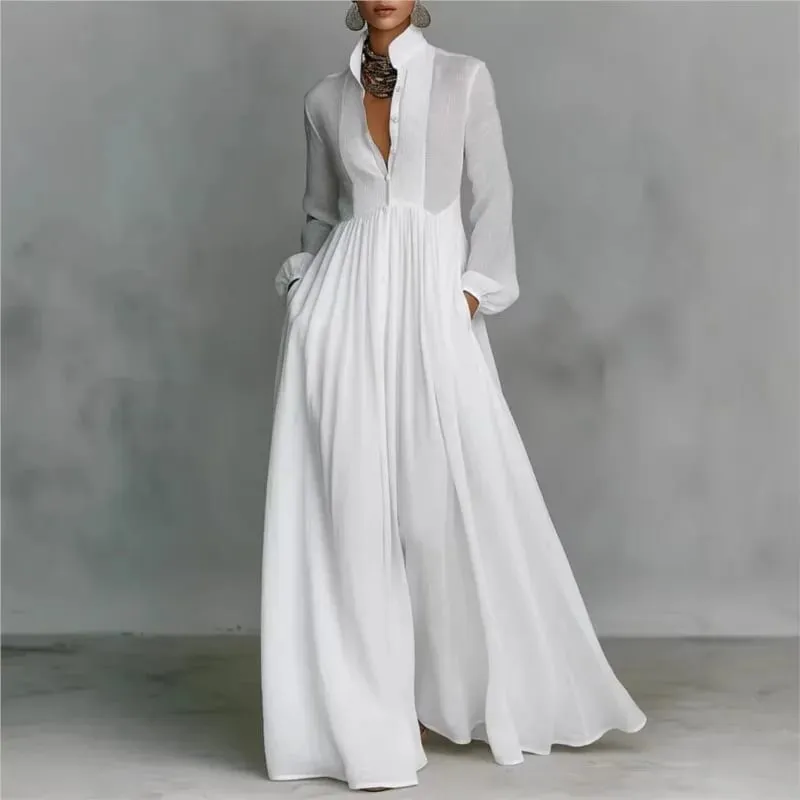 Women's Elegant Single Breasted Long Dress 2026 French High Waist Solid Pockets Pleated Maxi Evening Dress