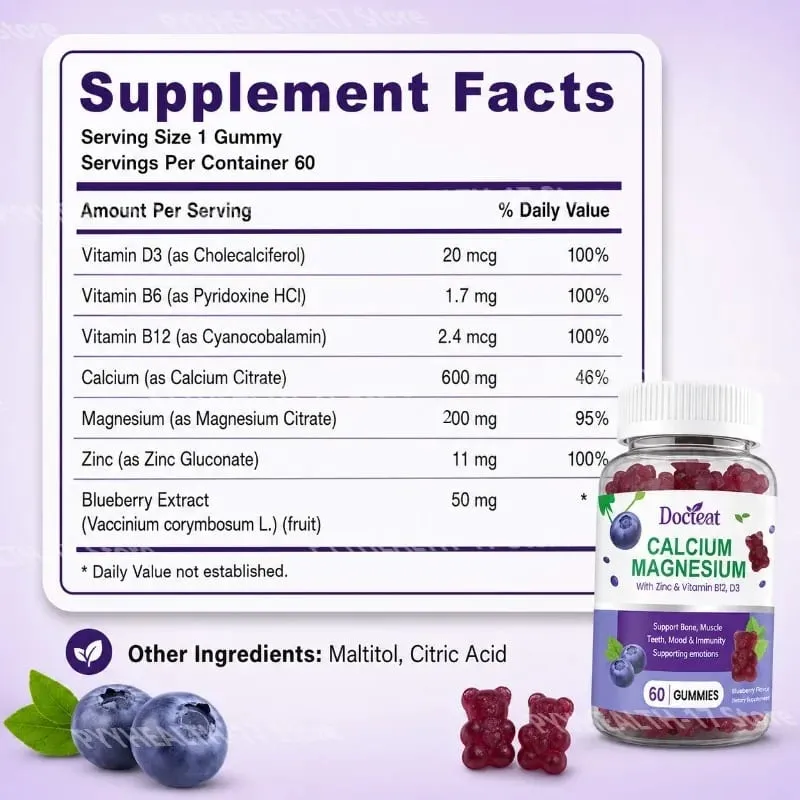 Calcium Magnesium Gummies with Zinc and Vitamins D3 B12 and B6 for Bone Teeth Mood & Immunity Support 60 Gummies