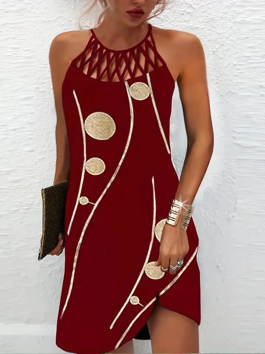 2026 New Spring and Summer National Wind Positioning Printing Mesh Belt Sleeveless Casual Dress