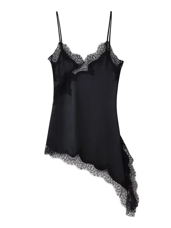 Bruin Satijn Kant Splicing Sling Jurk Vrouwen Elegante Onregelmatige Zoom V-hals Backless Mouwloze Jurk Chic Vrouwen Party Club vestidos