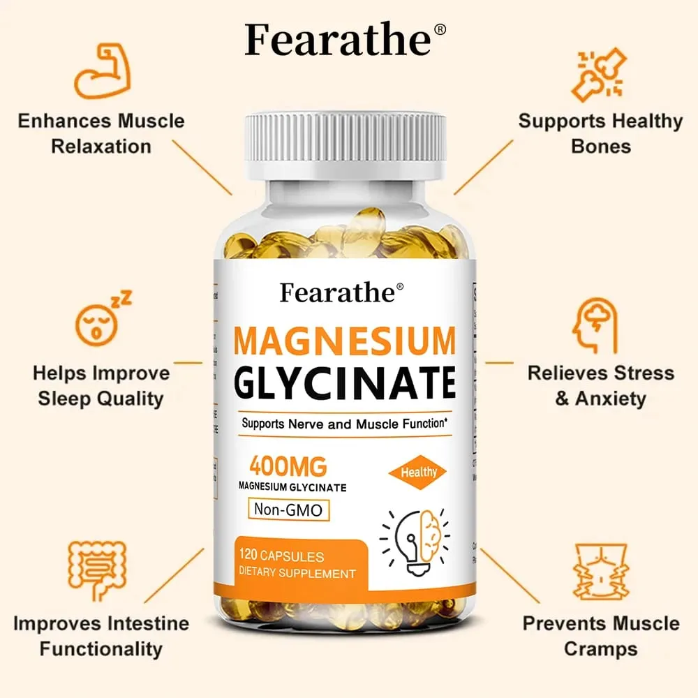 Magnesium Glycinate 400mg Capsules Support Muscle Bone Heart Nerve Sleep Quality & Immune System Health Non-GMO
