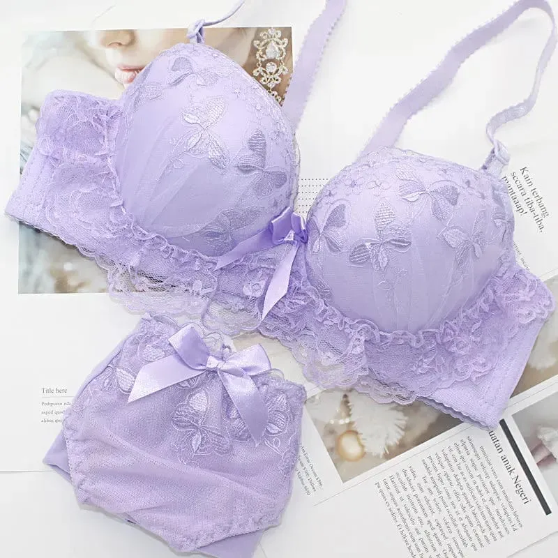Sexy Lingerie Set Lace Flower Comfortable Soft Underwire Push Up Bra and Panties AB CupTwo-piece Fashion Intimates Korean Style