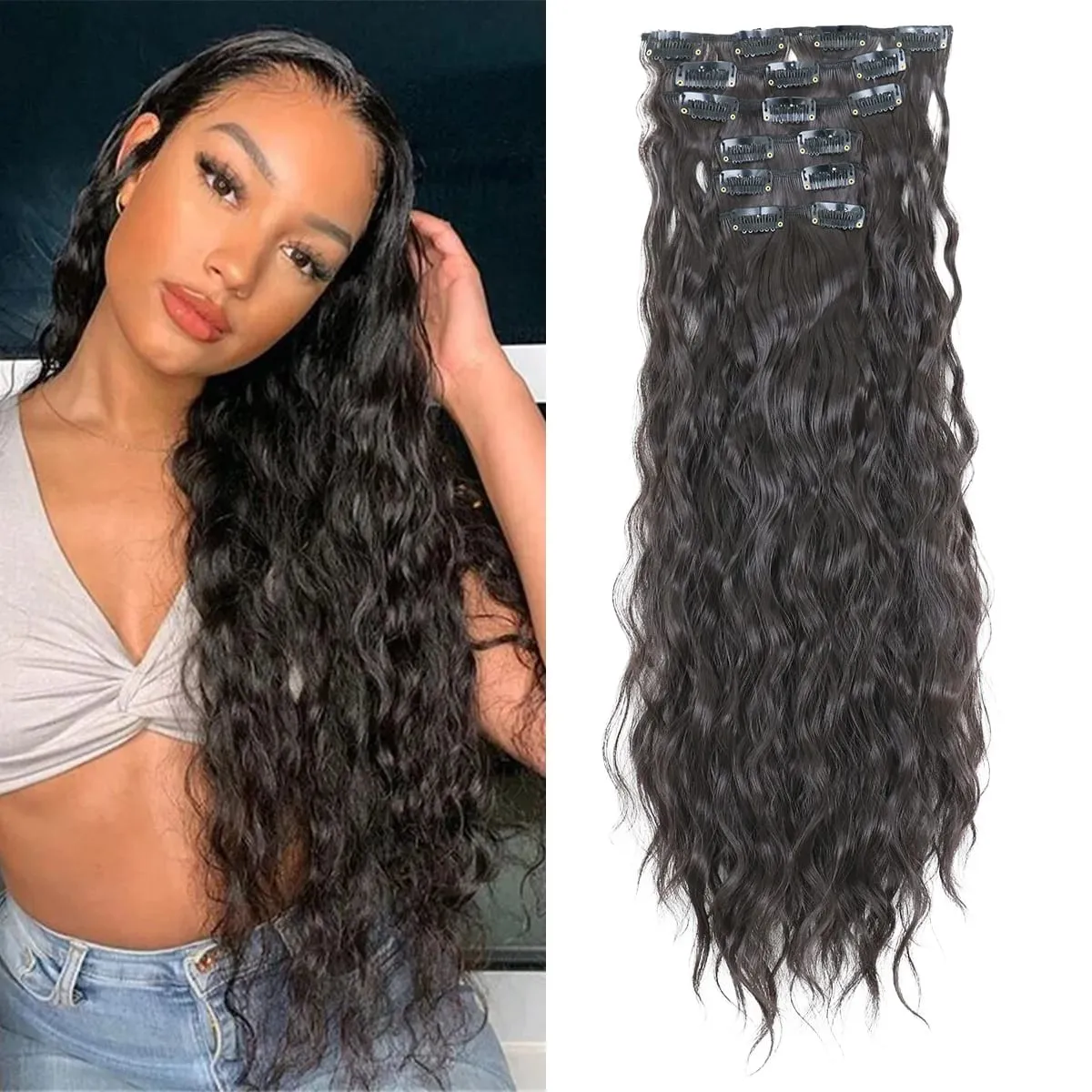 Synthetic Hair Extensions 16Clips In 6PCS Set Curly 22inch Long Clip On Hairpiece Corn Wavy Style For Women Girls Daily Party