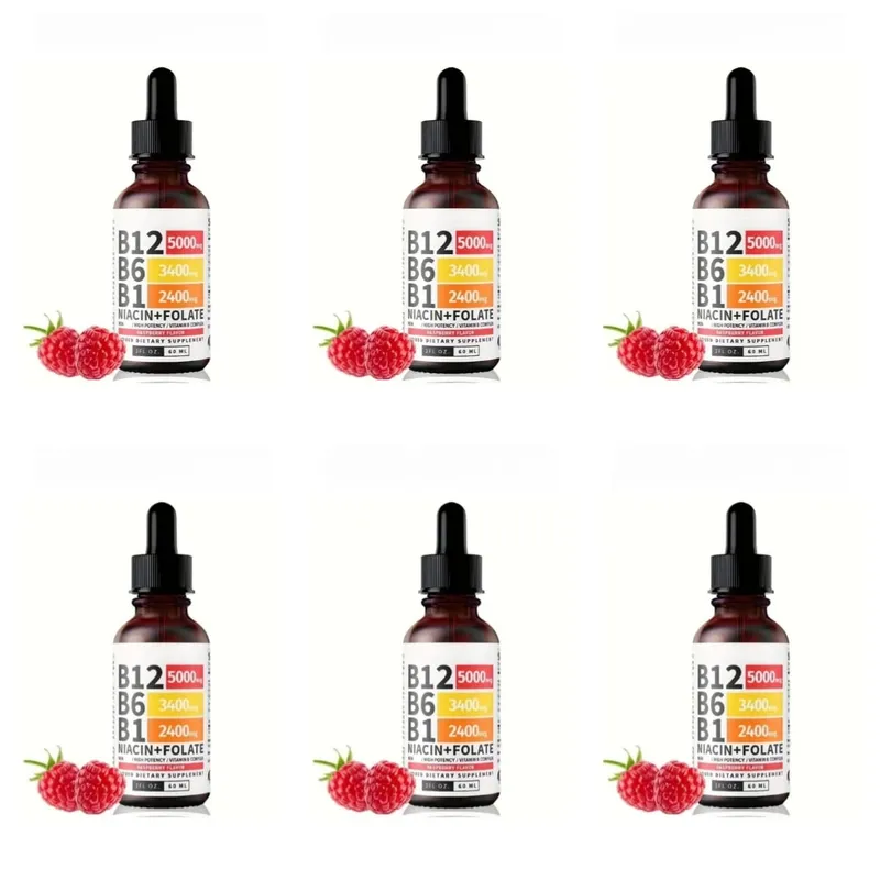 Vitamin B12 Liquid Drops 60ml Raspberry Flavor with Vitamin B6+B1 Etc Multivitamin Support Energy Recovery & Brain Heart Health