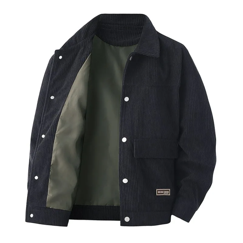 Men Classic Lapel Corduroy Jacket Metal Snap Button Large Patch Pockets Retro Vintage Casual Workwear Streetwear Male Outer Coat