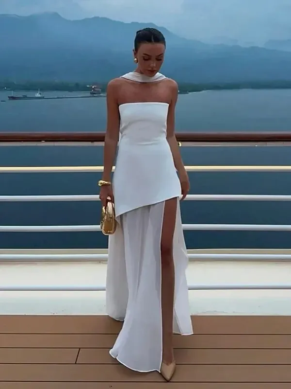 Solid Spliced Ribbon Maxi Dress Women Elegant Strapless Sleeveless Slit Long Dresses 2025 New Summer Holiday Party Lady Vestidos — image 11