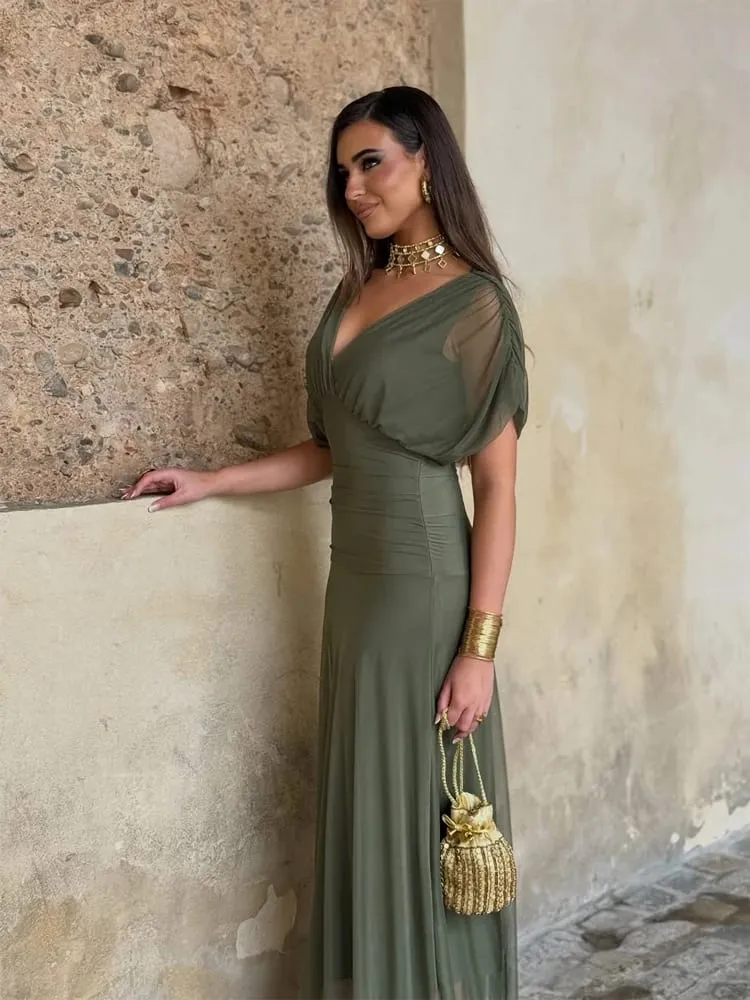 Kvinder Solid Dyb V-hals Mesh Lang Kjole Elegant Puff Kortærmet Rynket Talje Høj Vestidos 2026 Summer Lady Casual Street Robe