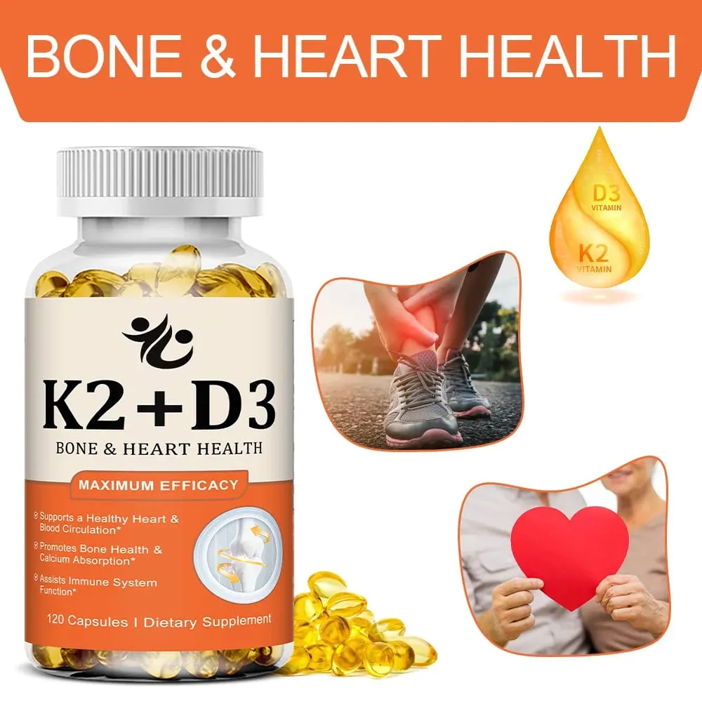Vitamin D3 5000 IU + K2 MK-7 100mcg Capsules Support Nutrient Absorption Metabolism Bone Heart Health & Immune System