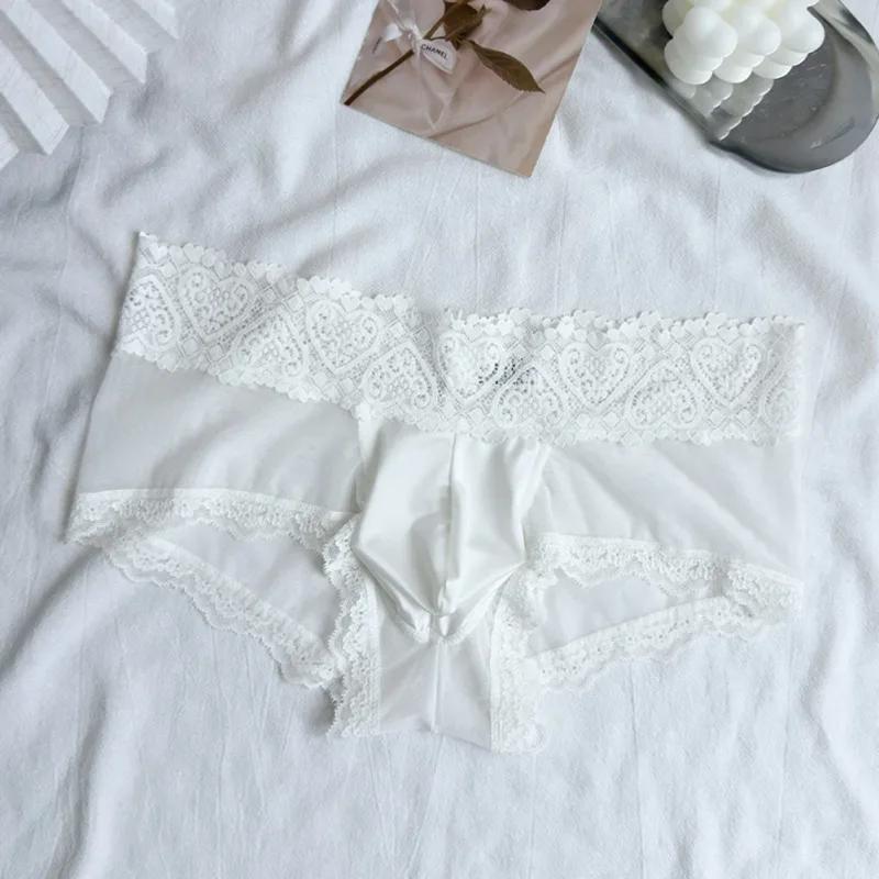 Cuecas masculinas de seda gelo com acabamento de renda fina e sem costura brilhante bolsa 3D calcinha leve confortável lingerie diária