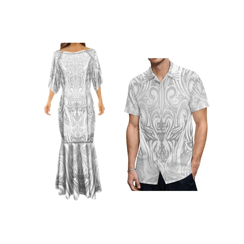 Mother's Day Gift Customized White Design Polynesian Tribal Printed Hawaiian Dresses Party Dress Plus Size Womens Clothing 7XL