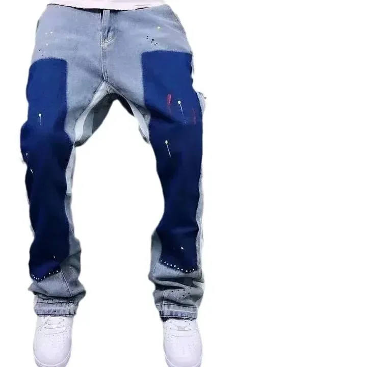 Distressed Bell-bottom Jeans Color Block Construction Details Street Style Trendy Unique Niche Pants Men's Fashion — image 2