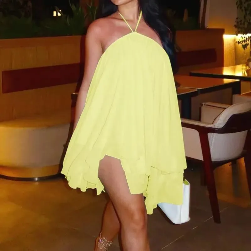 Elegant Halter Ruffles Short Dress Women Loose Solid Strapless Sleeveless Backless Dresses 2026 Spring Lady Beach Vacation Robes